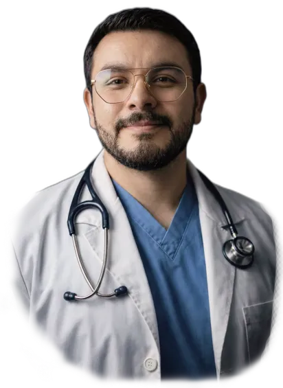 Retrato profesional del Dr. Eduardo Silva Loredo, cirujano general y laparoscópico en Guadalupe, Nuevo León, con uniforme médico.